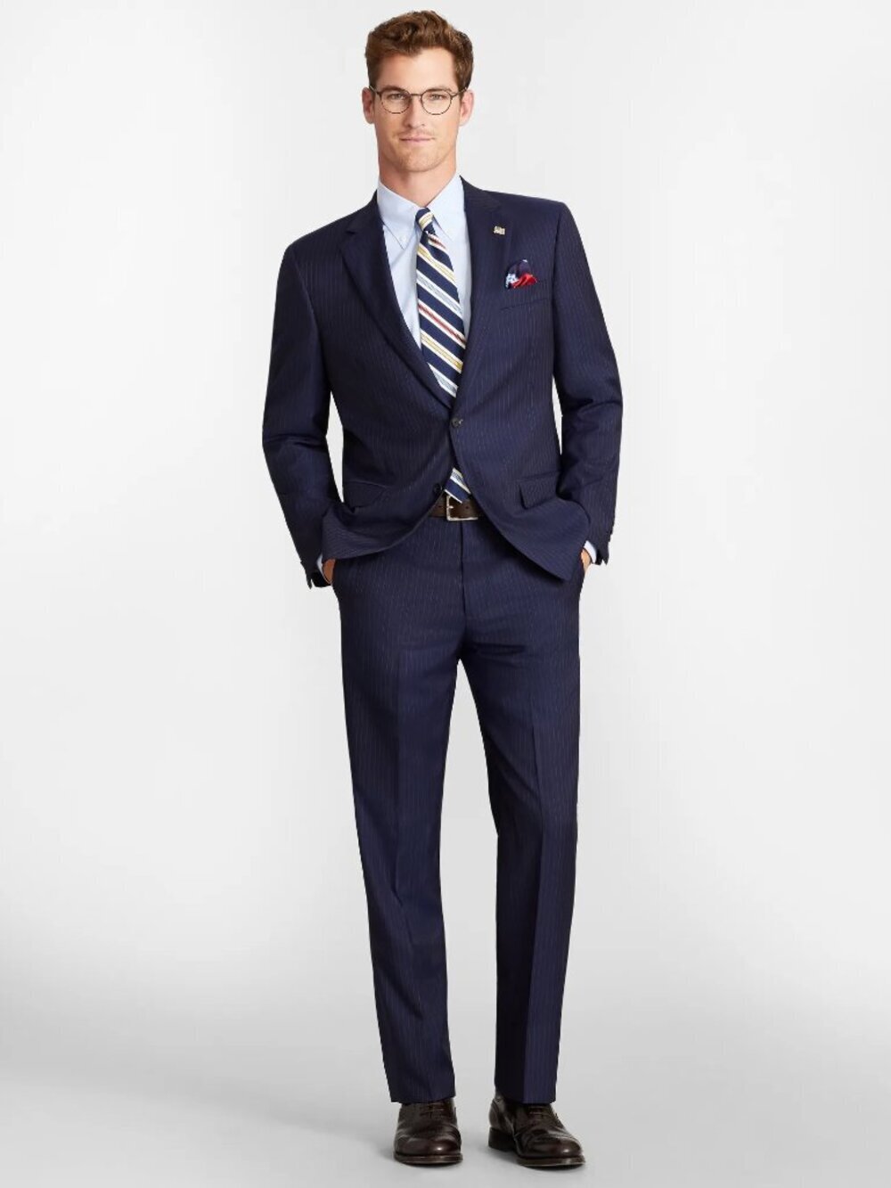 BROOKS BROTHERS 1818 Madison Navy Blue Pinstripe Wool Suit, Size 45L/40W